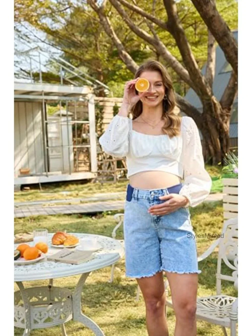 Maternity Denim Bermuda Shorts with Adjustable Elastic Waistband Raw Hem for